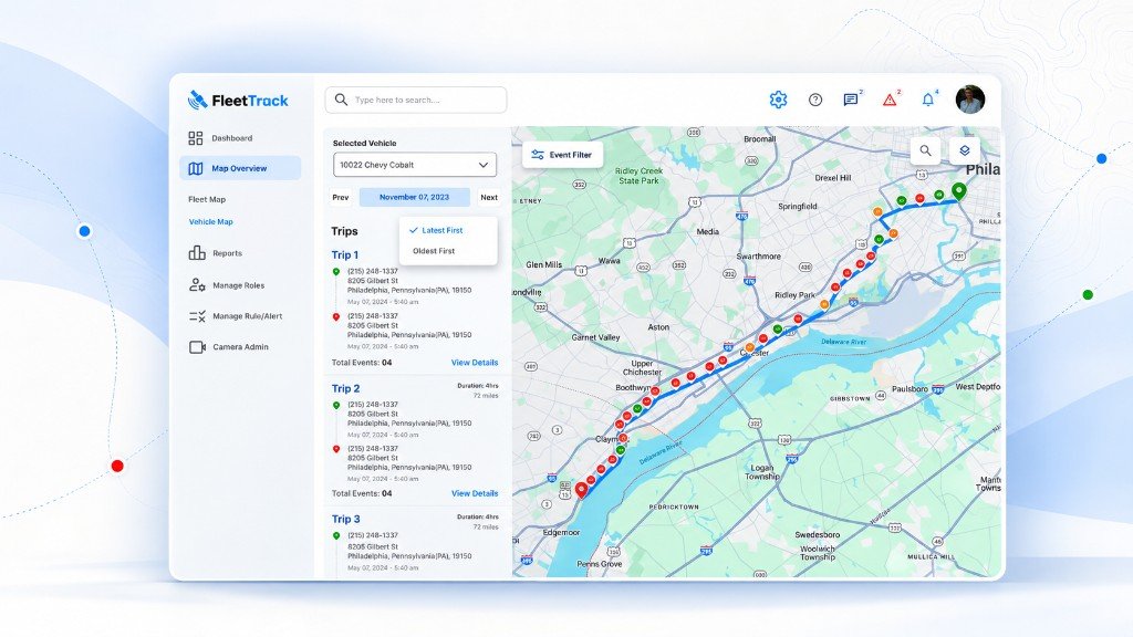 FleetTrack map overview for a selected vehicle, with trips listed beside the route.