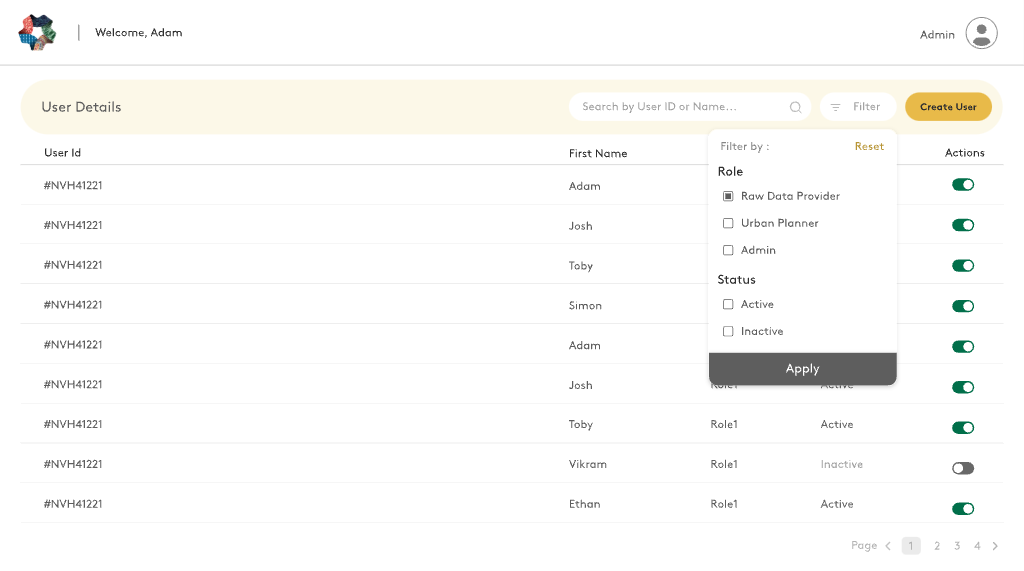 Admin user list with a filter for role and status.