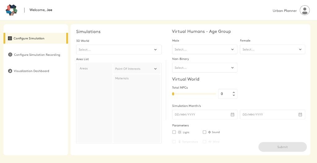 Urban planner screen for configuring a simulation: world, areas, virtual population, period, and environment.