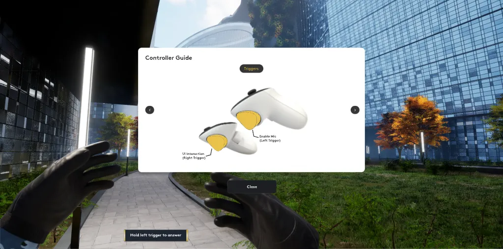 Controller guide in the virtual city, marking the triggers for the interface and the microphone.