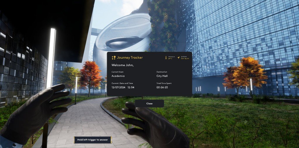 Journey tracker in the headset, with the current area, destination, and time spent.
