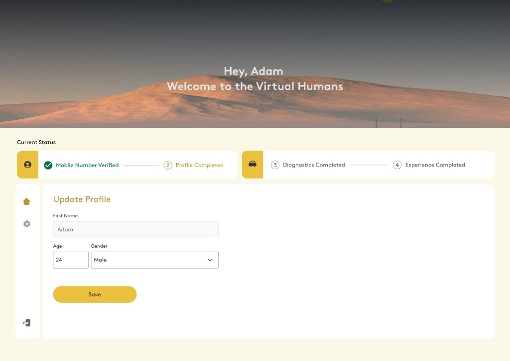 The participant profile, with current status from mobile number verified through experience completed, and fields for name, age, and gender.