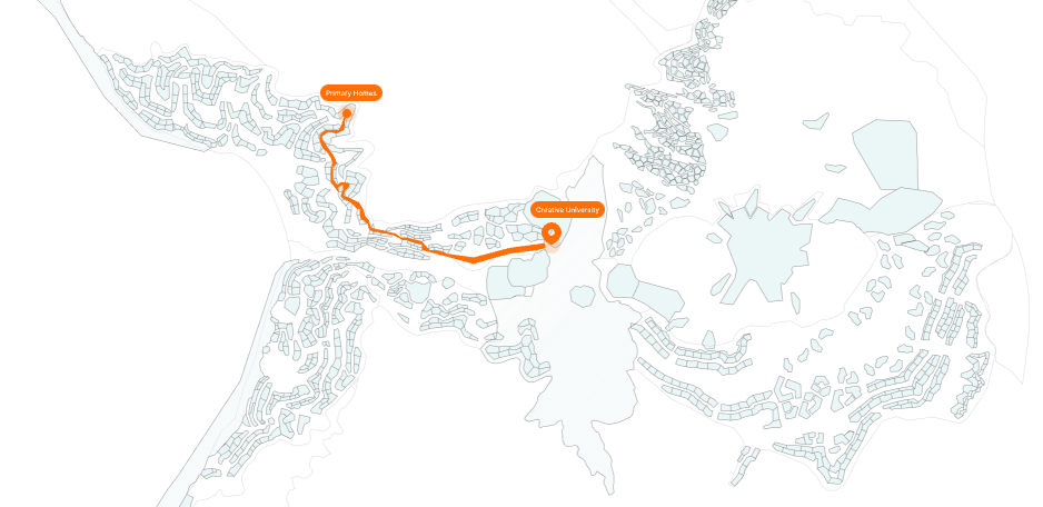 A planned route from Primary Homes to Creative University across the city map.