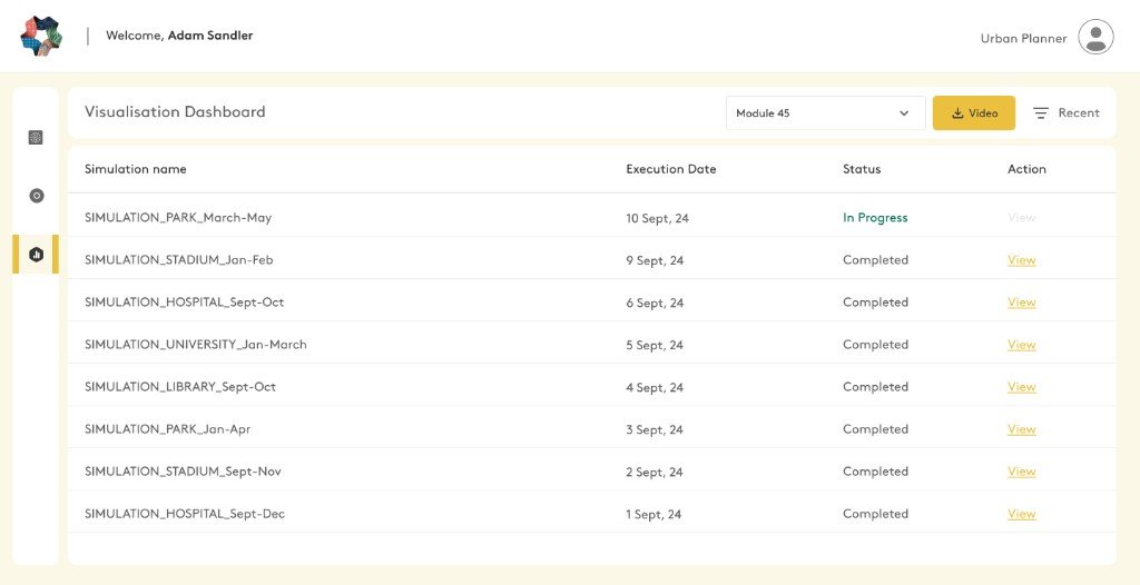Urban planner list of simulations, with the execution date, status, and a way to open each one.